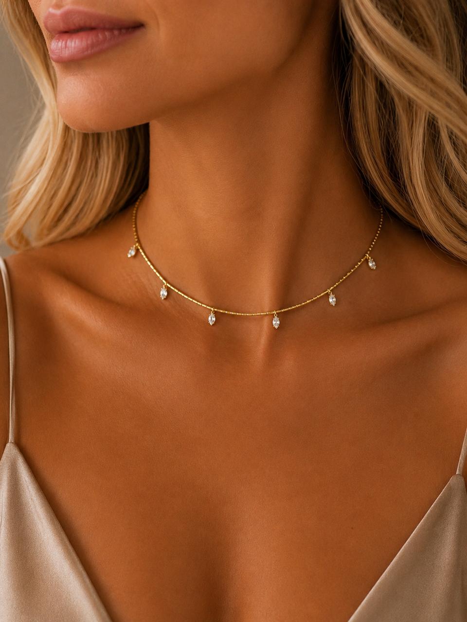 Collar Mostacilla con Cristales con Baño de Oro 18K