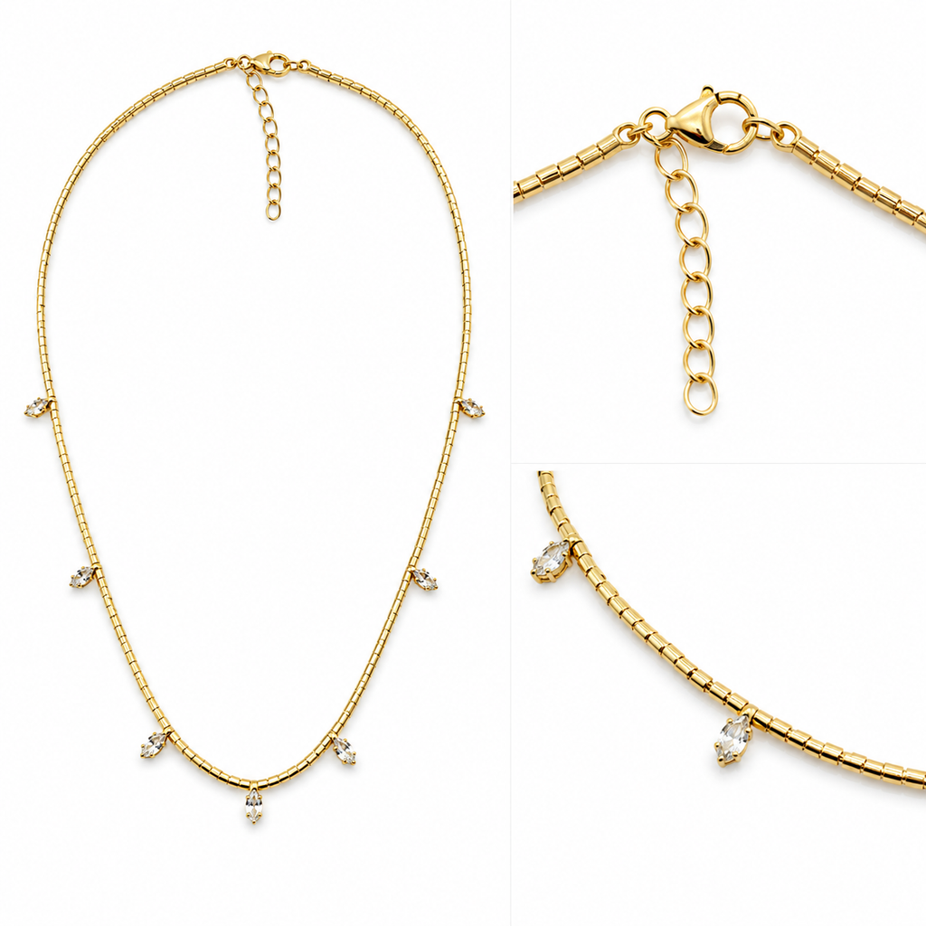 Collar Mostacilla con Cristales con Baño de Oro 18K