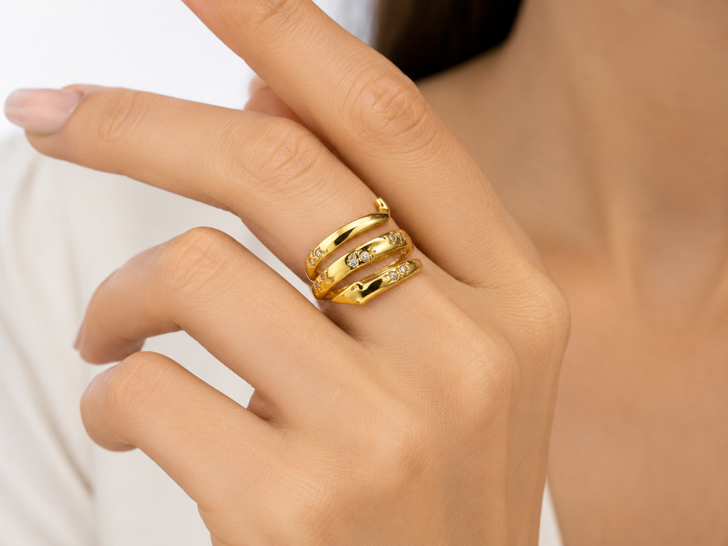 Anillo Triple Línea con Baño de Oro 18K