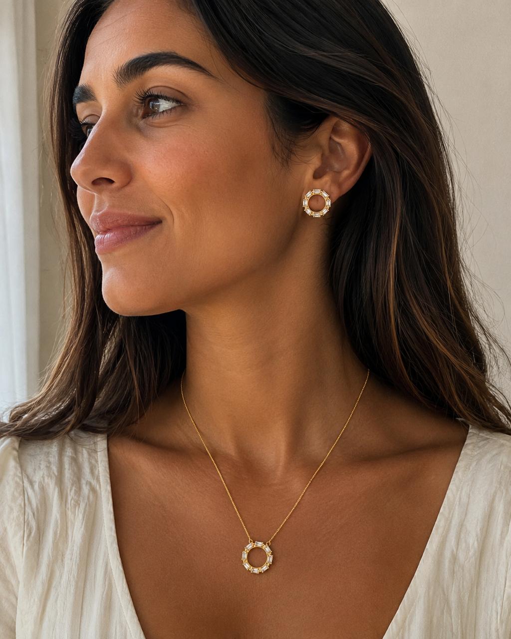 Conjunto Halo Baguette con baño de Oro 18K