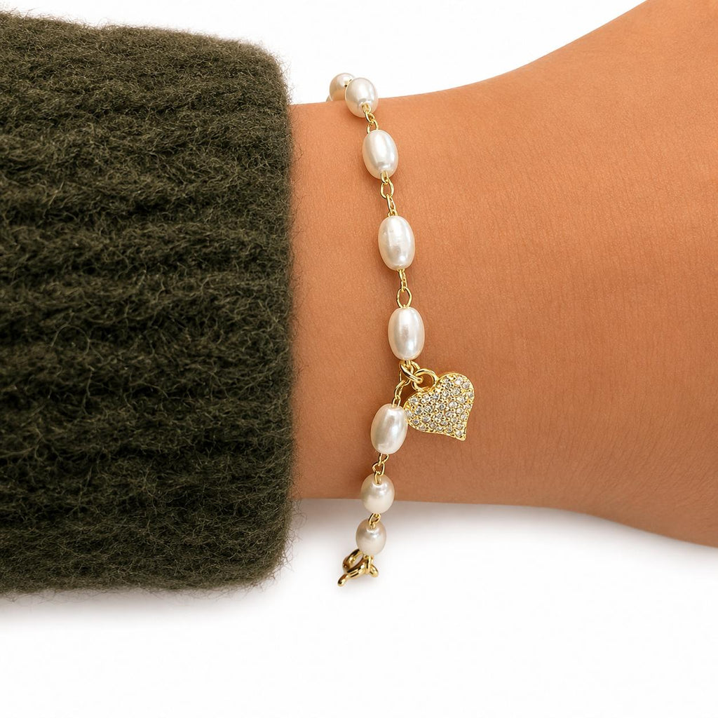 Pulsera Pearl Heart Glow con Baño de Oro 18K.