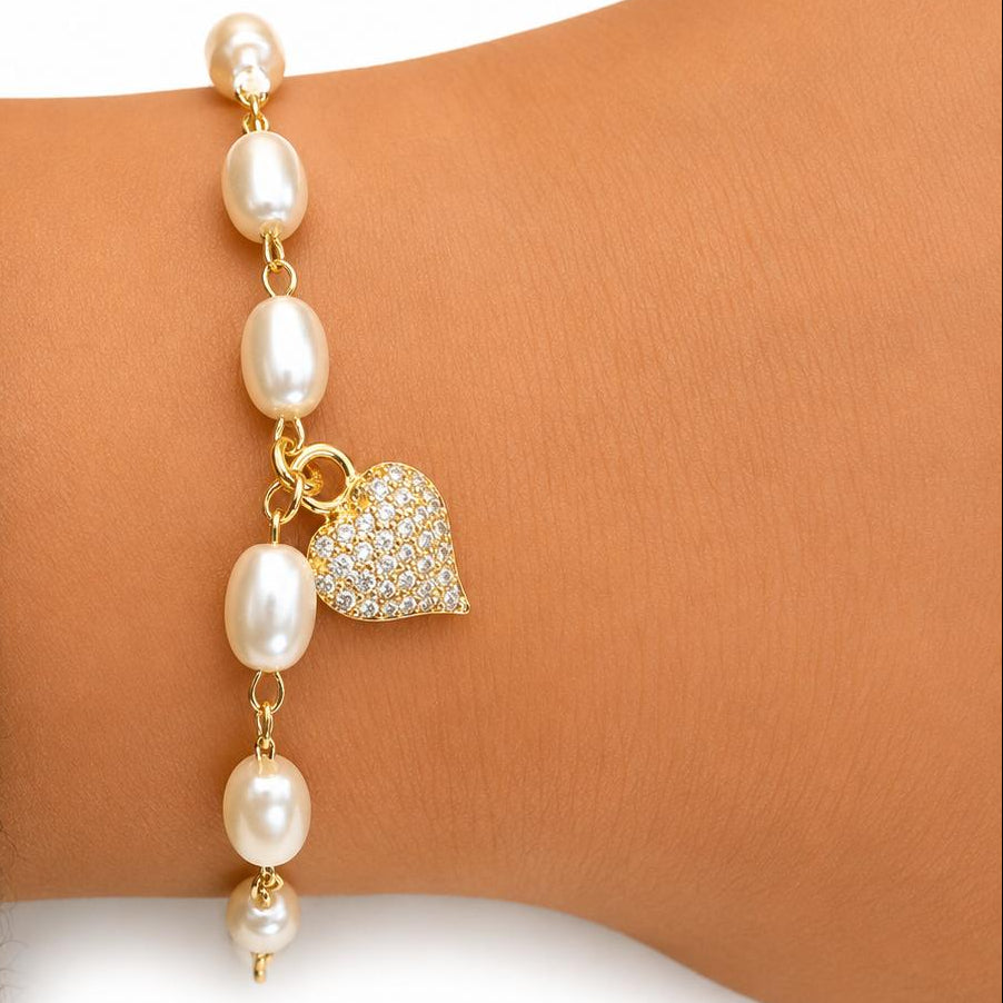 Pulsera Pearl Heart Glow con Baño de Oro 18K.