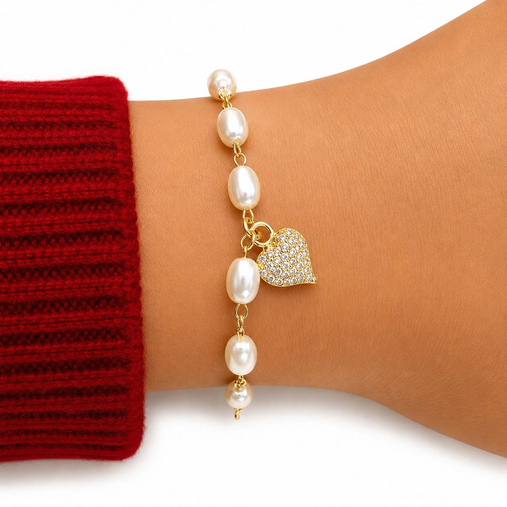 Pulsera Pearl Heart Glow con Baño de Oro 18K.